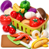 Cutting Play Food Toys, 25 Pieces Pretend Play Kitchen Accessories, Fake Fruits/Vegetables Set with Shopping Storage Basket, Birthday Gift, Educational Toy for Toddler Children