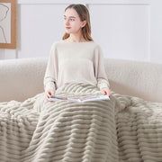 BEDELITE Fluffy Fleece Blanket Cosy Soft Throw, 152x203 cm, Linen Beige | Striped Design, Decorative for Sofa Bed Couch, Warm Gifts for Women and Girls