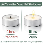 Zuvo Tea Lights 8 Hour Burn, Unscented White Tealight Candles, 50 Pack | Cotton wick, lead-free, 3.8 x 2.3 cm deep cup, fits standard holders, long burning for evenings