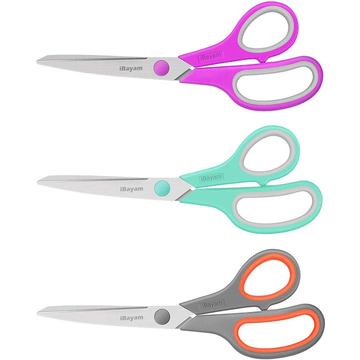 8" Multipurpose Scissors 3 Pack with Ultra Sharp Blades, Comfort-Grip Handles, Sturdy for School Home Office Art Craft Sewing Tailor Heavy Duty