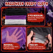 AHEONLAR 8 Pack Halloween Creepy Cloth 30x72 Inch Black White Purple Spooky Fabric Cloth Indoor Outdoor Halloween Decorations for Party Supplies, Home Wall, Doorway, Yard