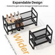 Expandable Metal Shoe Rack for Closet, Entryway & Garage, 2-Tier, Black | Adjustable Height for Boots, Stackable Design, Dense Mesh Shelves for Heels, Fits Small Spaces, Apartments and Rentals