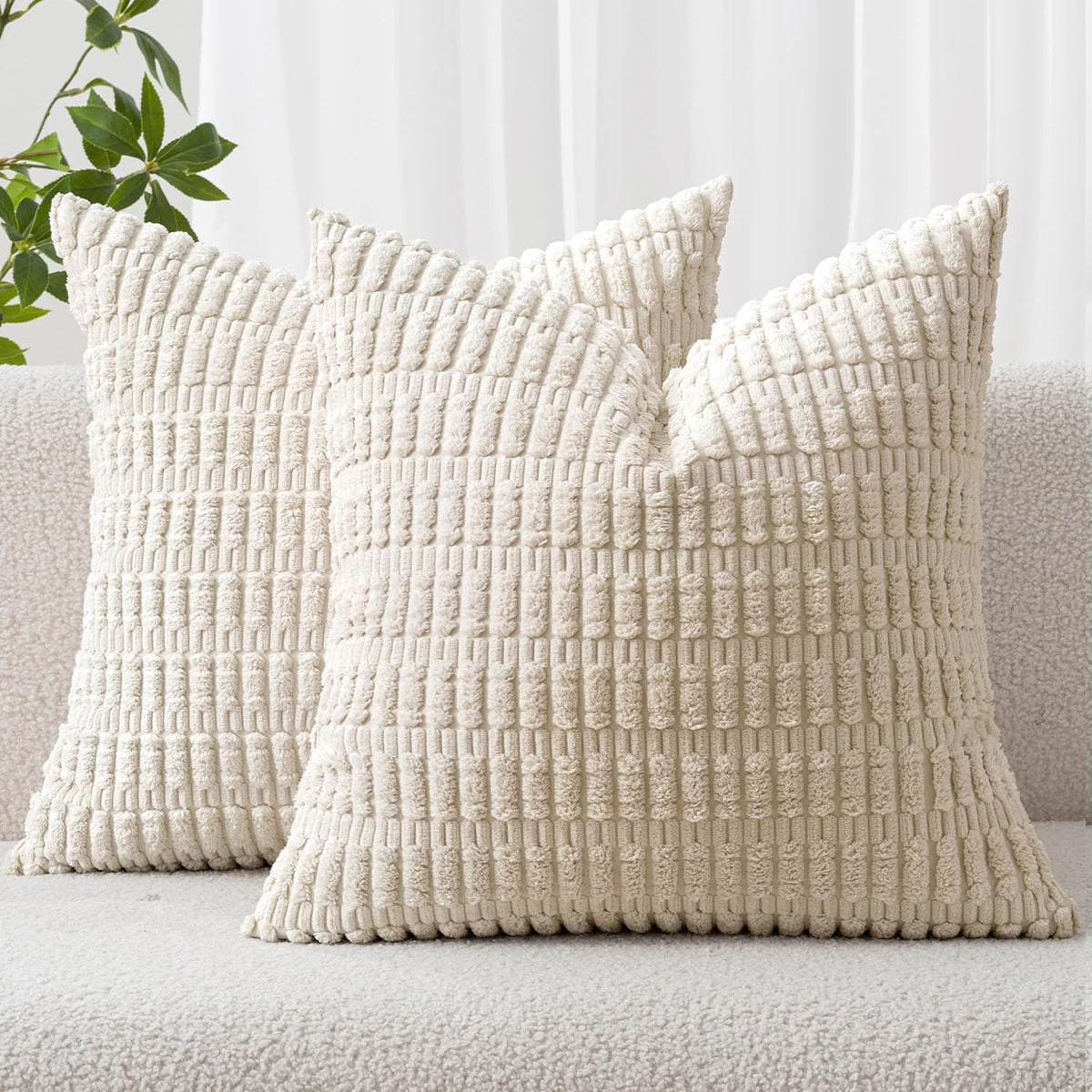 MIULEE Cushion Covers 45x45 cm Cream 2er Set Wheat Stripe Corduroy | Decorative, Boho, Scandinavian, Modern, Versatile, Soft, Sofa, Bedroom, Living Room, Bedroom, Home Office, Armchair