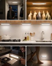 JEKEMORYE Under Cabinet Kitchen Lights Cupboard - LED Motion Sensor Light | Rechargeable Battery Operated, Indoor Magnetic Wardrobe Strip Lighting, Wireless USB, Adhesive, Stick on Counter Shelf Closet