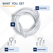 DIKOTS® Net Curtain Wire and Hooks Set - 3 Meter Curtain wire kit with 4 Eyes & 4 Hooks - A multipurpose Kit suitable for net curtains for windows - Durable set for window net curtain