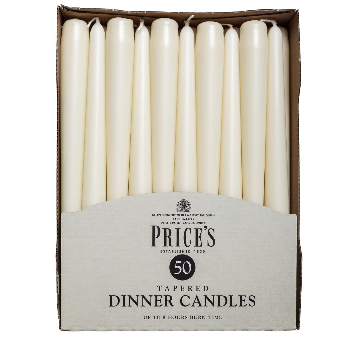 Price's Candles Ivory Tapered Dinner Candles Pack of 50 | Unscented, up to 7 hours burn, clean-burning ivory wax, ideal for weddings, dining, events and home décor