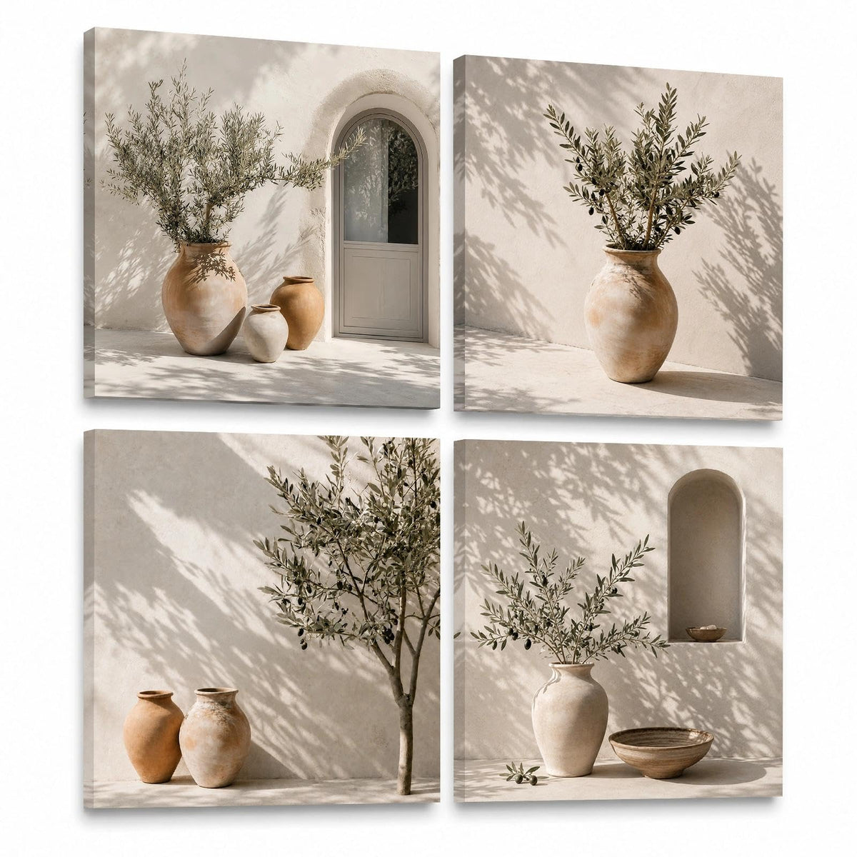Glyzaen Neutral Olive Tree Framed Canvas Wall Art Set of 4, 30 x 30 cm | Mediterranean Vase Canvas Prints, Beige Botanical Wall Art for Living Room and Bedroom, with Hooks and Hook-and-Loop Strips
