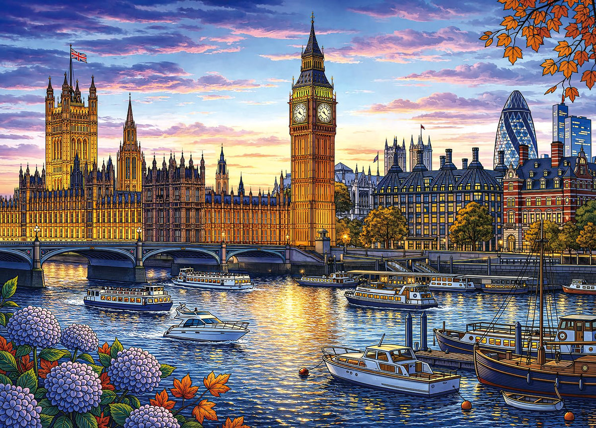 PQIKTUV 1000 Piece Jigsaw Puzzle for Adults, London Sunset Cityscape | with Big Ben & Thames River, Impossible Puzzle, Storage Bag, Nature Landscape Puzzle for Wall Decor & Gifts (27.56x19.7 Inch)