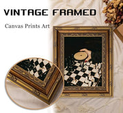 Vintage Gold Framed Martini Bar Wall Art, Moody Cocktail and Chess Canvas Print, Dark Espresso Martini Painting Picture, Chessboard Aesthetic Poster Print Artwork for Kitchen Dining Room Home Bar