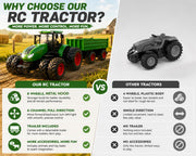 Uarzt Remote Control Tractor Toy with Trailer | Metal Front & Front Loader Farm Vehicle Set with Lights & 8-Wheel Design, RC Tractor Truck for Boys Ages 3-9, Fun Farm Toy Gift for Kids