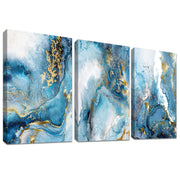 3 Panels Wooden Framed Golden Blue Ocean Canvas Wall Art Nordic Marble Painting on Canvas Print Picture for Living Room Hallway Stairs Bedroom Bathroom Wall Decor Ready To Hang 90x40cm(12"x16"x3pcs)