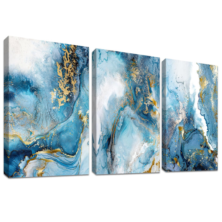 3 Panels Wooden Framed Golden Blue Ocean Canvas Wall Art Nordic Marble Painting on Canvas Print Picture for Living Room Hallway Stairs Bedroom Bathroom Wall Decor Ready To Hang 90x40cm(12"x16"x3pcs)