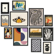 Eclectic Wall Art Prints Unframed, Mid Century Retro Decor for Home Bedroom | 12 Pcs gallery wall decor, funky abstract art, dorm and living room, 8x10, 5x7 and 4x6 sizes