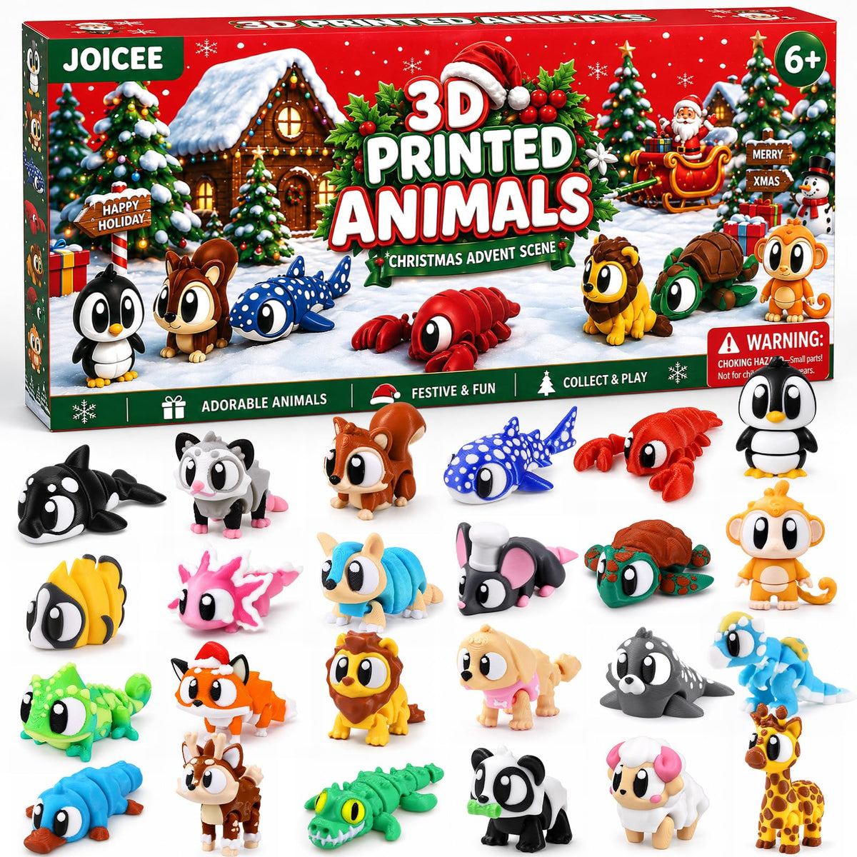 JOICEE 2026 Christmas Advent Calendar with Mini 3D Printed Animals Toys | 24 Days Mini 3D Printed Animal Figurines with Big Eyes Flexible Fidget Toys for Kids Boys Girls Xmas Party Favors Gifts