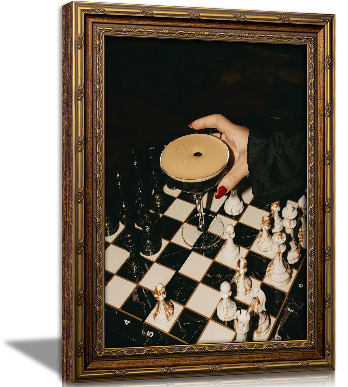 Vintage Gold Framed Martini Bar Wall Art, Moody Cocktail and Chess Canvas Print, Dark Espresso Martini Painting Picture, Chessboard Aesthetic Poster Print Artwork for Kitchen Dining Room Home Bar