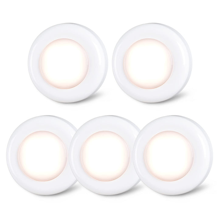 STAR-SPANGLED 2.8” Stick on Puck Lights AAA Battery Operated, 5 Pack Warm | Round Under Cupboard Touch Spot Light, Mini Push Tap LED Night Lamp Battery Powered for Cabinet Closet Wall Kitchen Bookshelf