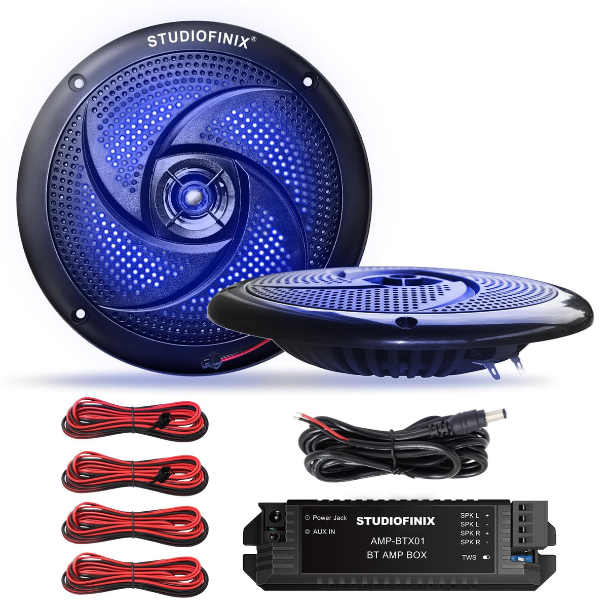 STUDIOFINIX 5.25" 160W Bluetooth Waterproof Marine Speakers - 2 Way Weather Resistant Boat Audio with LED Lights, and Low Profile Slim Style Suitable for Boat, RV, ATV, UTV, Golf Cart (1 Pair, Black)