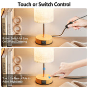UPXNBOR Bedside Lamp, Touch Table Lamp for Bedroom, Living Room & Office | Desk Lamp with USB A+C Charging Ports, 3-Way Dimmable Touch Lamp, Warm Light, Linen Shade, 1.5 m Cable, E27 Incl., Wood Grain