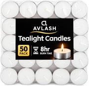 Avlash ® 8 Hour Tea Light Candles Pack of 50-8 Hour Burn Time - Shrink Wrapped, Unscented Tea Lights - White