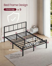 VASAGLE Single Bed Frame, Steel, with Slats and Headboard, 90 x 190 cm | Platform Bed, Supports up to 250 kg, Bedroom Furniture, Matte Black, CONNER Collection RMB291B101