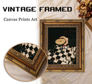 Vintage Gold Framed Martini Bar Wall Art, Moody Cocktail and Chess Canvas Print, Dark Espresso Martini Painting Picture, Chessboard Aesthetic Poster Print Artwork for Kitchen Dining Room Home Bar