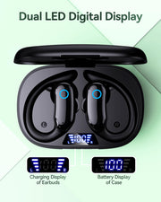 GNMN Active Noise Cancelling Ear Buds Wireless Earbuds 96hrs Playback Bluetooth Headphones Dual Battery Display Stereo Bass Earphones with Earhooks Microphone IPX7 Waterproof for Sports/Runing/Workout