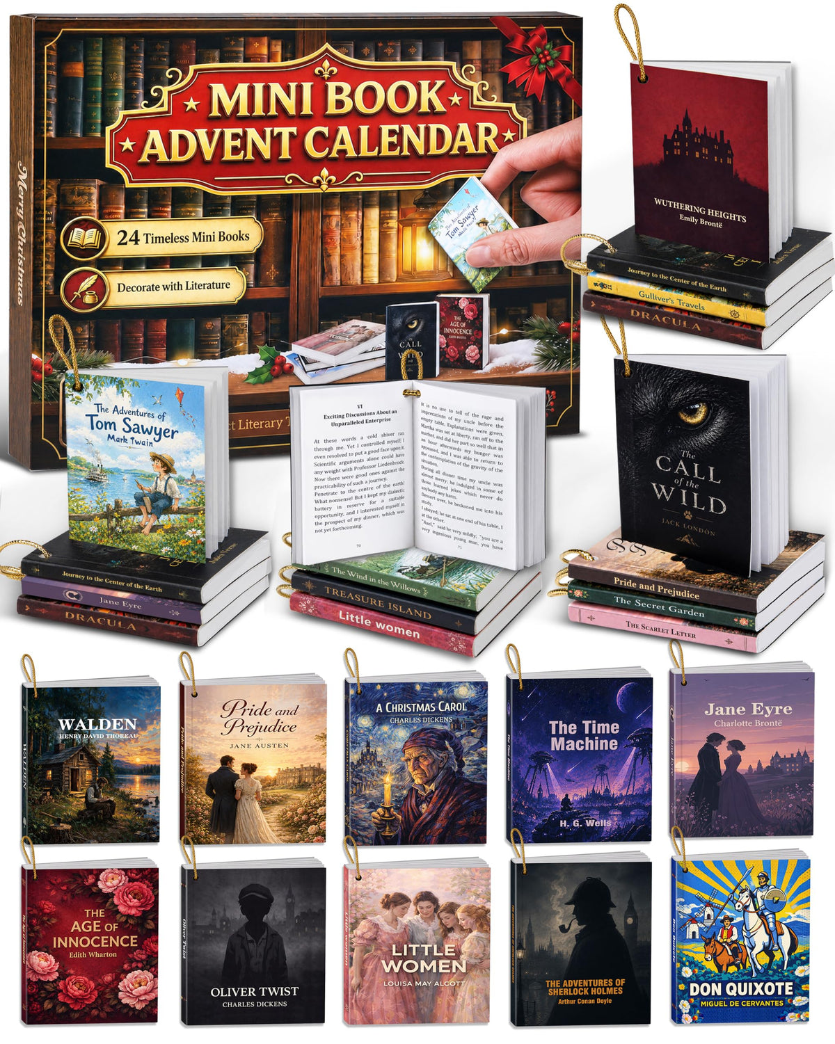 Mini Book Advent Calendar 2026 for Book Lovers, 24 Christmas Ornaments | 24 Readable, Decorative, Collectible Mini Books, Classic World Literature Surprises Christmas Countdown for Adults, Teens