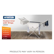 Status 230W Heated Winged Clothes Airer, Foldable Aluminium Electric Drying Rack with 20 Rails and 94cm Wingspan, Low-Energy Indoor Laundry Dryer Stand, Silver (AHCA-230W1PKB)