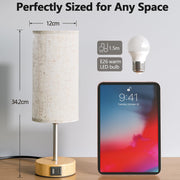 UPXNBOR Bedside Lamp, Touch Table Lamp for Bedroom, Living Room & Office | Desk Lamp with USB A+C Charging Ports, 3-Way Dimmable Touch Lamp, Warm Light, Linen Shade, 1.5 m Cable, E27 Incl., Wood Grain