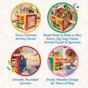 Battat Wooden Activity Cube - 5-Sided Play Center with Bead Maze, Doors | Farm-themed with bead maze, peekaboo doors, spinners, zig-zag race and mix-and-match animals, 1+ Years