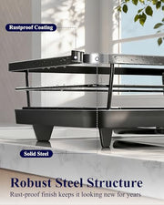Kitsure Space-Saving Dish Drainer Rack with a Cutlery Holder, Large, Black | Rust-Resistant Dish Racks for Kitchen Counter, Automatic Drainage Draining Board Rack, Bowl And Utensil Storage
