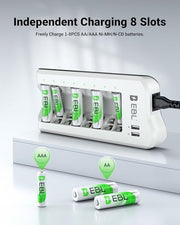EBL AA AAA Battery Charger, 8 AA 2300mAh & 8 AAA 1100mAh NiMH, 2 USB Ports | 8-Bay AA AAA Individual Dual USB ports charge your phone while AA & AAA batteries power remotes, cameras, flashlights, toys