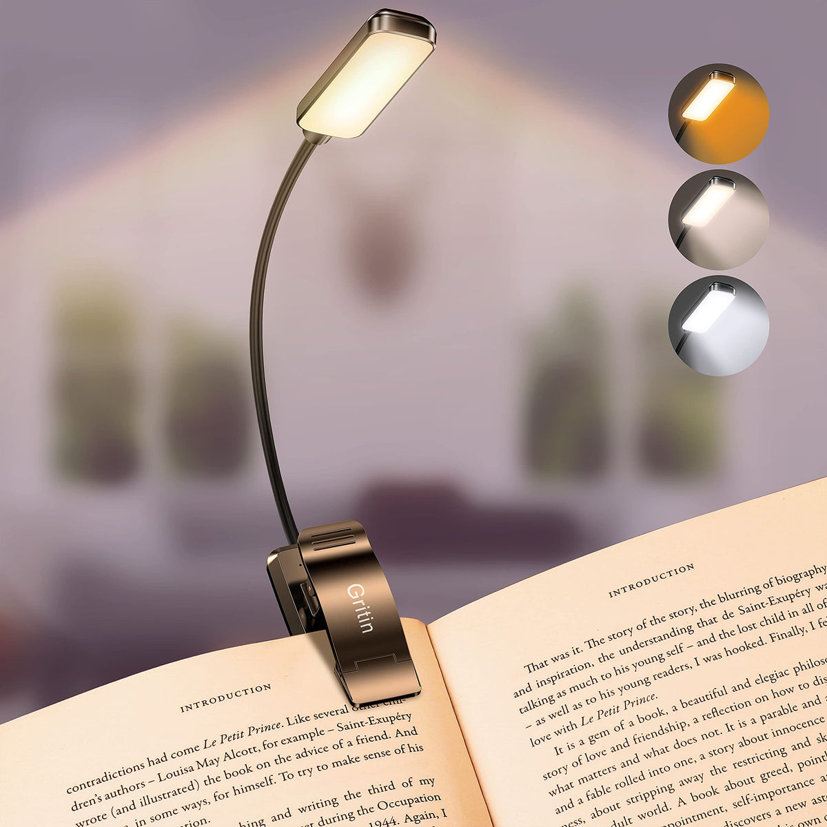 Gritin 9 LED Rechargeable Book Light for Reading in Bed-Stepless Dimming | Eye Caring 3 Color Temperatures, Long Battery Life, Flexible Lightweight Clip On Book Reading Light for Studying