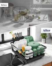 Kitsure Space-Saving Dish Drainer Rack with a Cutlery Holder, Large, Black | Rust-Resistant Dish Racks for Kitchen Counter, Automatic Drainage Draining Board Rack, Bowl And Utensil Storage