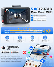 Terunsoul 4K+4K Dash Cam, Free 128GB Card, 5.8GHz WiFi6 - up to 20MB/s | AProX HD Night Vision Dash Cam Front and Rear, App, GPS, G-Sensor, 24H Parking Mode, Support 512GB Max, Premium Dark Gray