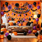 Fecedy Happy Halloween Banner Triangular bunting Paper flower fans Circle garland Latex balloons Swirls for Halloween Party decoration Indoor Outdoor Wall Door Decoration