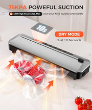 Vacuum Sealer Machine 75KPa, 6-in-1 Dry/Moist Modes, Digital Timer | Compact & lightweight body | Effortless one-touch operation | Extends food freshness 8 times longer Black Silver