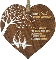 3rd Wedding Anniversary Wooden Heart Plaque, Dark Wood Sign Keepsake | Celebrate Leather Anniversary Wife or Husband Boyfriend Girlfriend, Plaque with Quotes Gifts from the Kids