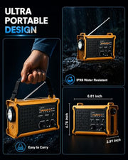Emergency Radio with Hand Crank & Solar, NOAA Weather Band, AM/FM, 12000mAh | 8500mm² Solar Panel, Clear AM/FM Reception, 5W Flashlight & Reading Light, 120dB SOS, Phone Charging for Hurricanes & Outages