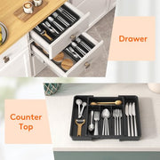 Lifewit Expandable Cutlery Drawer Organiser, 5-7 Compartments Utensil Tray | Adjustable Kitchen Drawer Dividers for Spoons Forks Knives, Plastic Storage Holder, 22-36 x 30cm, Small, Black