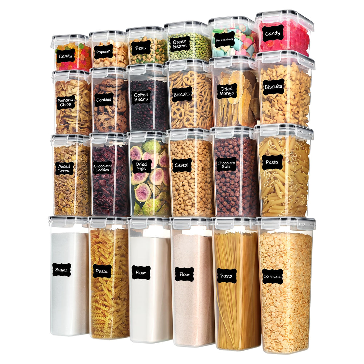 Vtopmart Airtight Food Storage Containers with Lids, 24 pcs, Black | For Cereal Pasta Snack Flour Sugar, BPA Free, Airtight Seal, Multiple Sizes, Dishwasher Safe (Not Lids), Includes 24 Labels