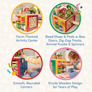 Battat Wooden Activity Cube - 5-Sided Play Center with Bead Maze, Doors | Farm-themed with bead maze, peekaboo doors, spinners, zig-zag race and mix-and-match animals, 1+ Years