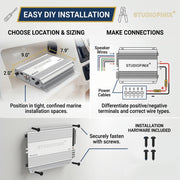 STUDIOFINIX 4-Channel Marine Amplifier, 500W Peak Class AB Audio Amp, IP-01 Waterproof Marine Grade, Dual RCA & High-Level Inputs, Dual MOSFET Power Supply for Boats, ATVs, RVs, Motorcycles（White）