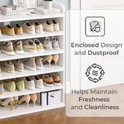 Neo White 6 Tier Wooden Shoe Rack Space-Saving Cabinet Organiser Shelving Storage Shelf for Entryway Hallway Closet Bedroom