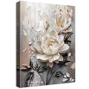 Wooden Framed Canvas Wall Art 3D White Floral Painting on Canvas Prints Poster Beige Gray Rose Blooming Flowers Pictures for Living Room Bedroom Dinning Room Hallway Wall Decoration 30x40cm