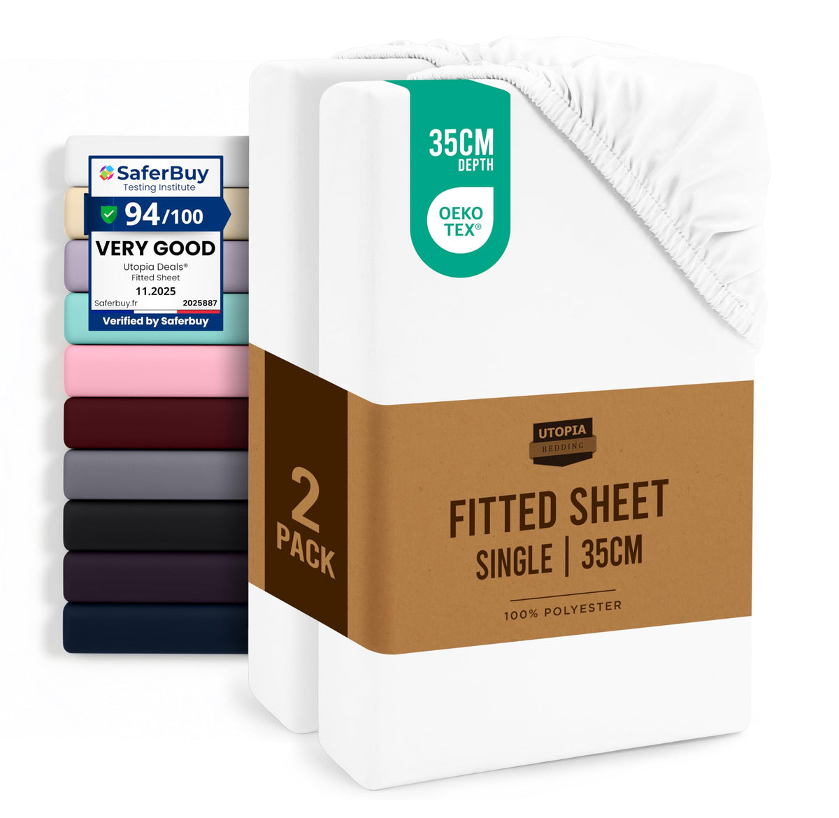 Utopia Bedding Fitted Sheet Single (2 Pack), White | Deep Pocket 14 inch (35 cm), Oeko Tex Certified, Soft Brushed Microfibre Fabric, Shrinkage and Fade Resistant, Bottom Sheet