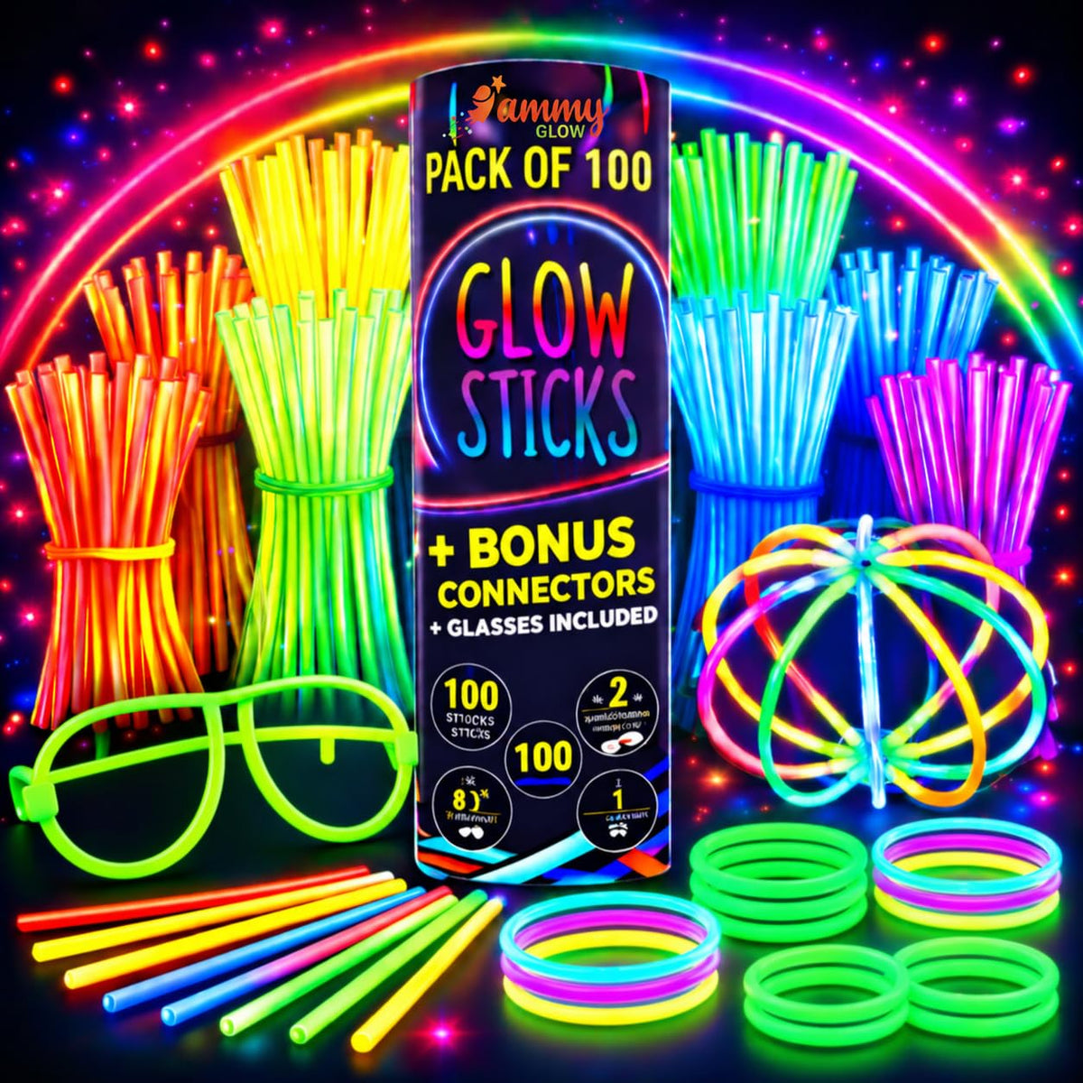 Glow Sticks 100 Pack with 100 Connectors( 205 Pcs Kit) Glow Glasses Kit-Ball and Triple Connectors-Glow in the Dark Party Supplies - Bracelets & Necklaces for Kids & Adults