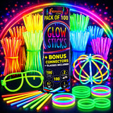 Glow Sticks 100 Pack with 100 Connectors( 205 Pcs Kit) Glow Glasses Kit-Ball and Triple Connectors-Glow in the Dark Party Supplies - Bracelets & Necklaces for Kids & Adults