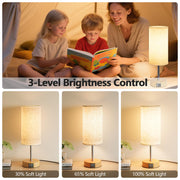 UPXNBOR Bedside Lamp, Touch Table Lamp for Bedroom, Living Room & Office | Desk Lamp with USB A+C Charging Ports, 3-Way Dimmable Touch Lamp, Warm Light, Linen Shade, 1.5 m Cable, E27 Incl., Wood Grain