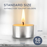 CUQOO Tea Lights Candles 50 Pack | 8 Hour Burn Unscented Tealights White | SMOKELESS WAX BURNER: long lasting · t lights · vegan · cotton wick · wedding decor · spa · religious
